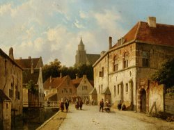 Figures Along a Canal in a Dutch Town by Adrianus Eversen