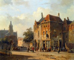 Figures in The Streets of a Dutch Town by Adrianus Eversen