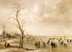 A Winter Landscape With Townsfolk Skating And Playing Kolf On A Frozen River by Aert van der Neer