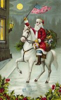 A Merry Christmas card of Santa Riding a White Horse by American School