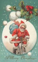 American Christmas Card With A Cycling Father Christmas With His Sack Of Gifts by American School