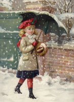 Girl With Umbrella In A Snow Shower by American School