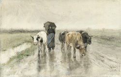A Herdess with Cows on a Country Road in The Rain by Anton Mauve