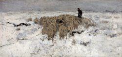 Flock of Sheep with Shepherd in The Snow by Anton Mauve