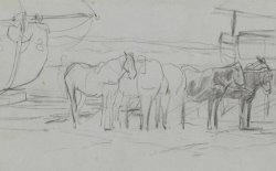 Wachtende Paarden Bij Bomschuiten Op Het Strand by Anton Mauve