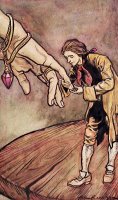 Gulliver in Brobdingnag Kissing the Hand of the Queen by Arthur Rackham