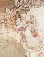 Illustration For A Fairy Tale Fairy Queen Covering A Child With Blossom by Arthur Rackham