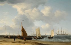 A Dutch Beach Scene with a Man of War in The Distance by Charles Brooking
