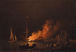 Ship on Fire at Night by Charles Brooking