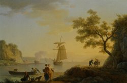 An Extensive Coastal Landscape with Fishermen Unloading Their Boats And Figures Conversing in The Foreground by Claude Joseph Vernet