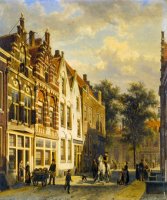 Figures in The Sunlit Streets of a Dutch Town by Cornelis Springer