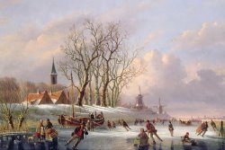Skaters on a Frozen River before Windmills by Dutch School