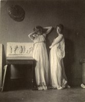 Two Female Models in Classical Costume with Eakins' Sculpture Arcadia by Eadweard J. Muybridge