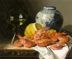 Still Life with Prawns And a Delft Pot by Edward Ladell
