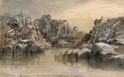 River Pass Between Semi Barren Rock Cliffs by Edward Lear