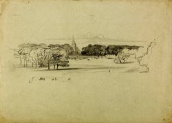 View Across a Meadow to a Church by Edward Lear