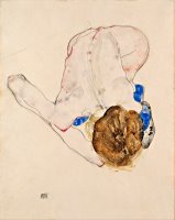 Nude with Blue Stockings, Bending Forward by Egon Schiele