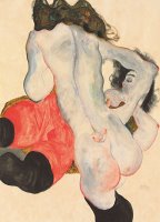 Reclining woman in red trousers and standing female nude by Egon Schiele