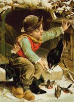 Young Boy With Birds In The Snow by English School
