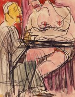 Female Nude And Man Sitting At A Table by Ernst Ludwig Kirchner
