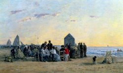 Beach Scene at Trouville - Sunset by Eugene Louis Boudin