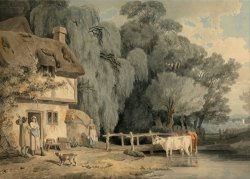Country Scene Figures by a Cottage Door And Cattle in a Stream by Francis Wheatley