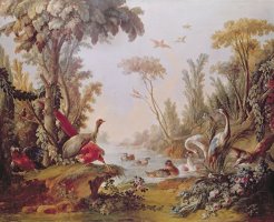 Lake with geese storks parrots and herons by Francois Boucher