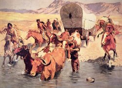 Indians attacking a pioneer wagon train by Frederic Remington