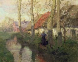 A French River Landscape With A Woman By Cottages by Fritz Thaulow
