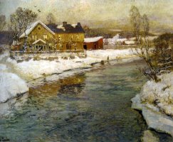 Cottage by a Canal in The Snow by Fritz Thaulow