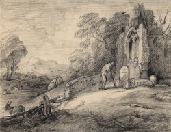 Wooded Landscape with Peasant Reading an Inscription on a Tombstone Beside a Ruined Church, Figures,... by Gainsborough, Thomas