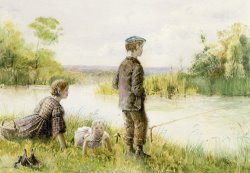 Children Fishing By A Stream by George Goodwin Kilburne