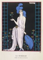 Asymmetrical Evening Gown by Worth with a Low Diagonal Waistline And a Long Flowing Train by Georges Barbier