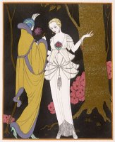 Mantle with a Yoke Voluminous Sleeves And Fur Trim And Close Fitting Hat with Aigrette by Georges Barbier