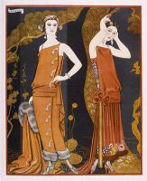 Orientally Inspired Gowns by Worth in Lacquer Reds by Georges Barbier
