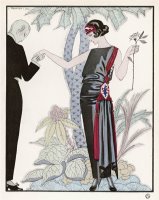 Sleeveless Slash Neck Chinese Or Orientally Inspired Black Dress by Worth with Red Tassel Detail by Georges Barbier