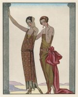 Strapless Gold Dress Draped Up Over One Hip And Tied with a Large Sash Bow Which Creates a Train by Georges Barbier