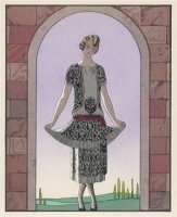 Tunic Dress by Worth in an Ornate Monochrome Print with Red Detailing Plain Central Panel by Georges Barbier