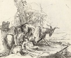 A Nymph with a Small Satyr And Two Goats, From Vari Capricci by Giovanni Battista Tiepolo