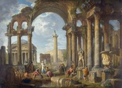 A Capriccio of Roman Ruins with The Pantheon by Giovanni Paolo Panini