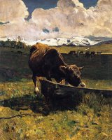 Brown Cow At Trough by Giovanni Segantini