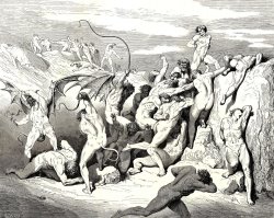 The Inferno, Canto 18, Line 38 Ah! How They Made Them Bound at The First Stripe! by Gustave Dore