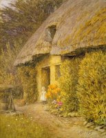  A Child at the Doorway of a Thatched Cottage by Helen Allingham