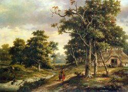 Peasant Woman And a Boy in a Wooded Landscape by Hendrik Barend Koekkoek
