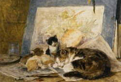 A Cat And Her Kittens in The Artists Studio by Henriette Ronner-Knip