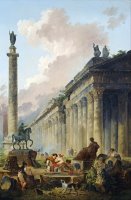 Imaginary View of Rome with Equestrian Statue of Marcus Aurelius, The Column of Trajan And a Temple by Hubert Robert