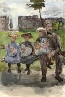 A Man with Three Girls on a Bench in The Oosterpark in Amsterdam by Isaac Israels