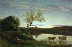 A Pond with three Cows and a Crescent Moon by Jean Baptiste Camille Corot