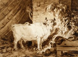 White Bull And a Dog in a Stable by Jean Honore Fragonard