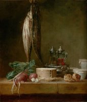 Still Life with Fish, Vegetables, Gougeres, Pots, And Cruets on a Table by Jean-simeon Chardin